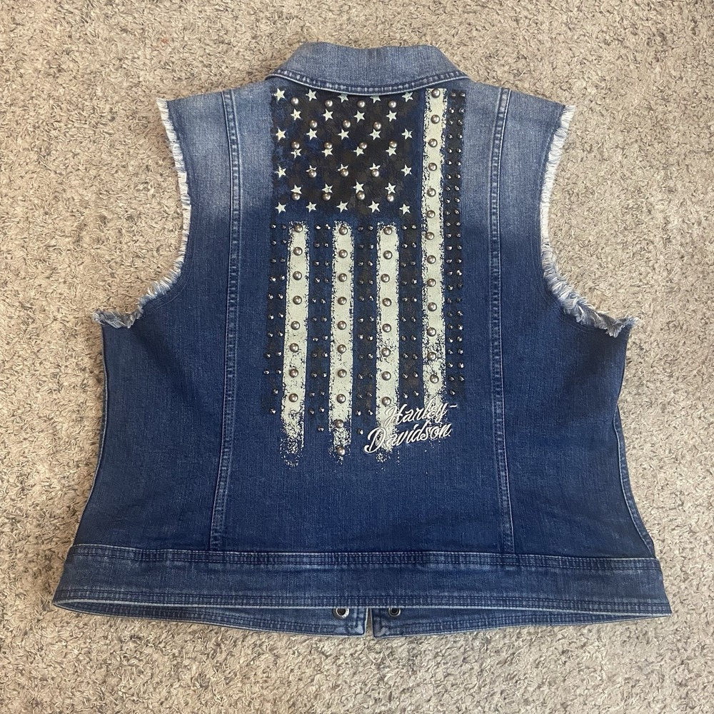 Harley Davidson Womens L Flag Fashion Distressed Denim Vest Studded Dark Blue